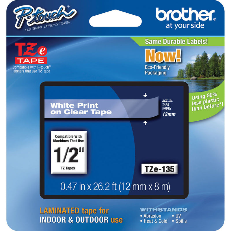 Brother TZe135 Laminated Tape for P-Touch Labelers (White on Clear, 0.47" x 26.2')