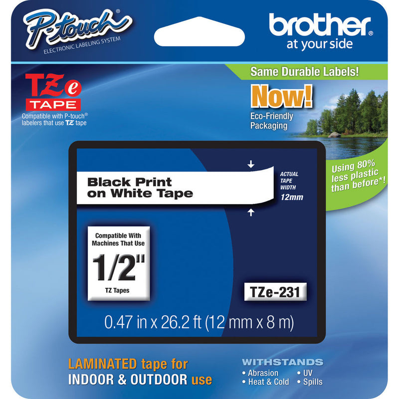 Brother TZe231 Laminated Tape for P-Touch Labelers (Black on White, 0.47" x 26.2')
