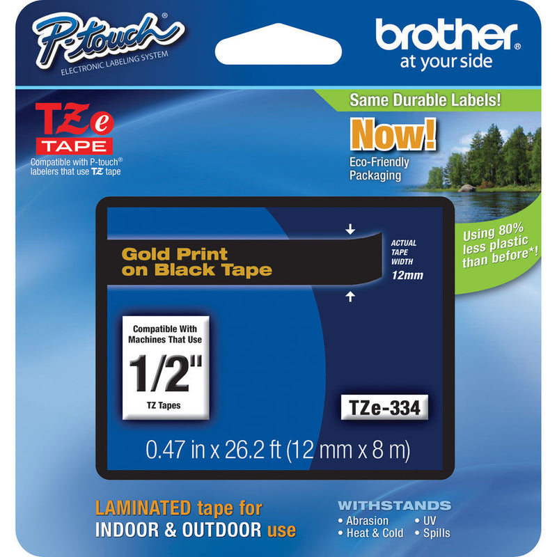 Brother TZe334 Laminated Tape for P-Touch Labelers (Gold on Black, 0.47" x 26.2')