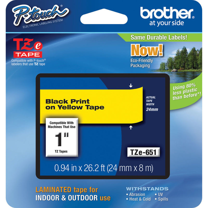 Brother TZe651 Laminated Tape for P-Touch Labelers (Black on Yellow, 0.94" x 26.2')