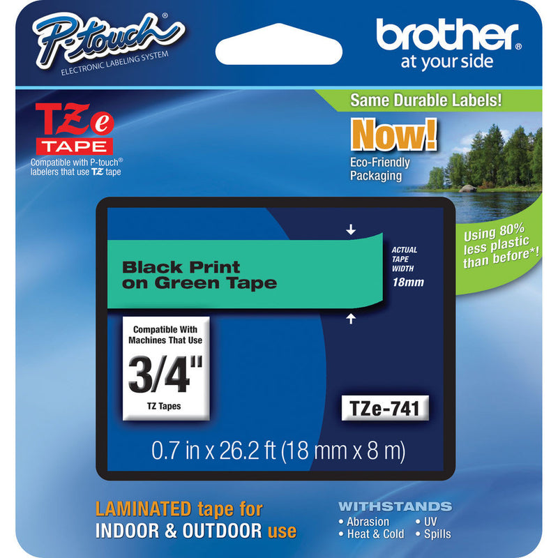 Brother TZe741 Laminated Tape for P-Touch Labelers (Black on Green, 0.7" x 26.2')