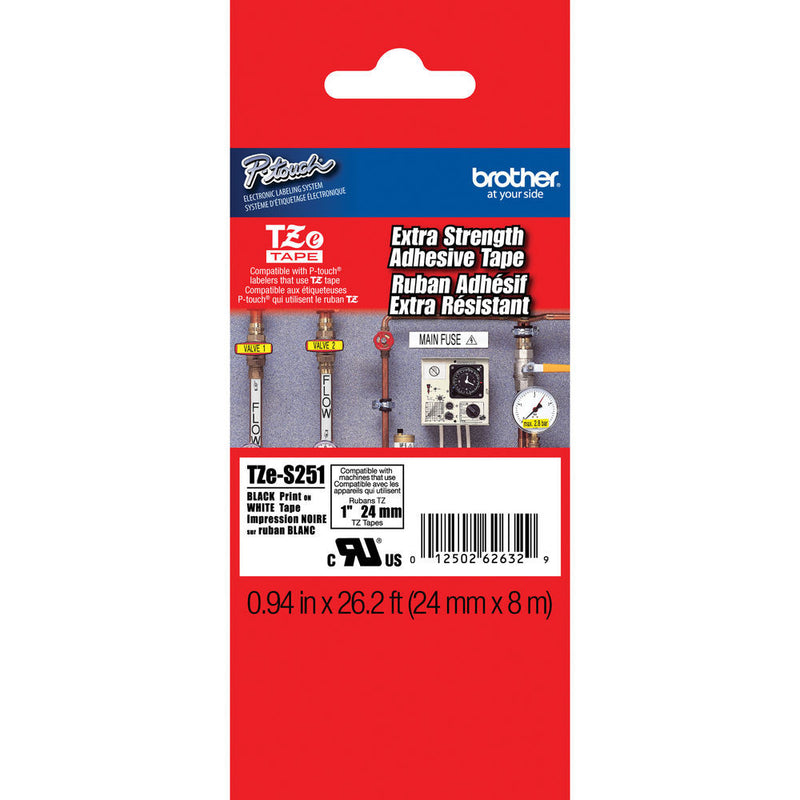 Brother TZeS251 Tape with Extra-Strength Adhesive for P-Touch Labelers (Black on White, 0.94" x 26.2')