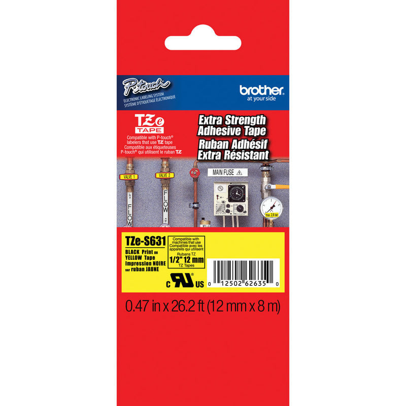 Brother TZeS631 Tape with Extra-Strength Adhesive for P-Touch Labelers (Black on Yellow, 0.47" x 26.2')