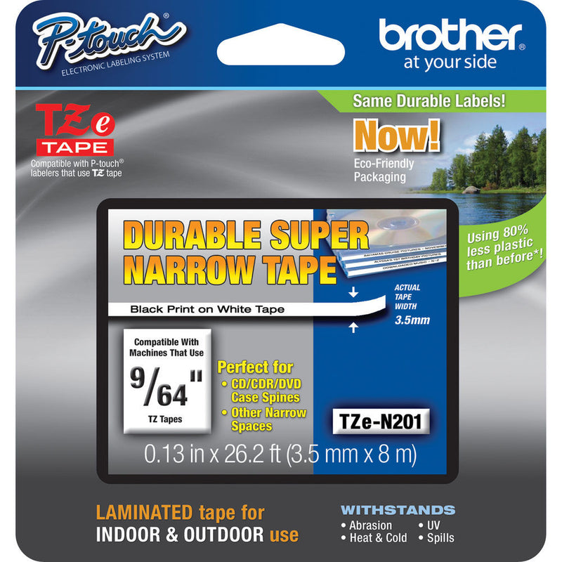 Brother TZeN201 Non-Laminated Super Narrow Tape for P-Touch Labelers (Black on White, 0.13" x 26.2')