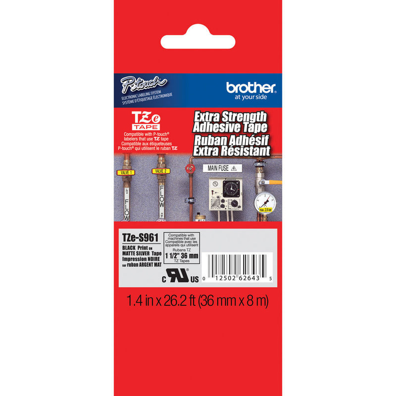 Brother TZeS961 Tape with Extra-Strength Adhesive for P-Touch Labelers (Black on Matte Silver, 1.4" x 26.2')