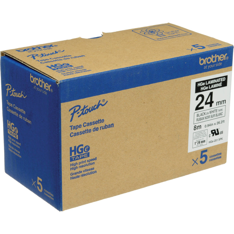 Brother HGE251 5-Pack 1.0" Black Print On White Laminated Tape With Extra-Strength Adhesive (26.2'/8.0 m)