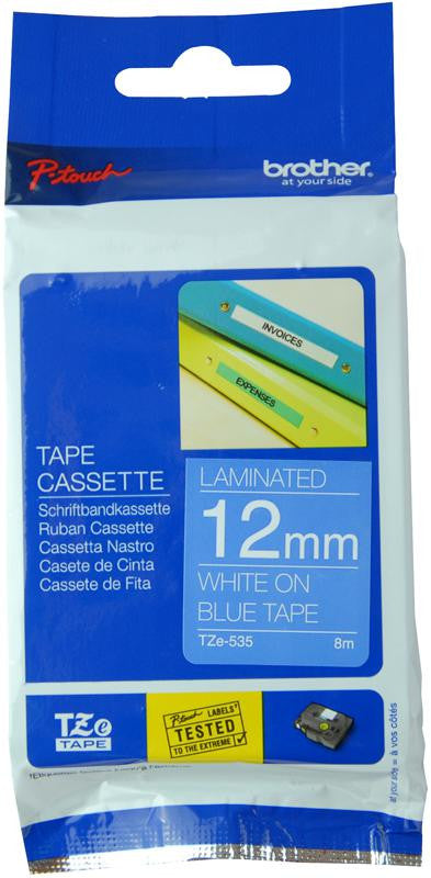 BROTHER TZE-535 TAPE, WHITE ON BLUE, 12MM W, 8M L