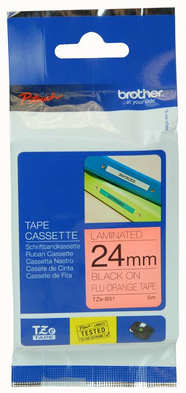BROTHER TZE-B51 P-Touch Label Tape Black on Fluorescent Orange 1" / 24mm