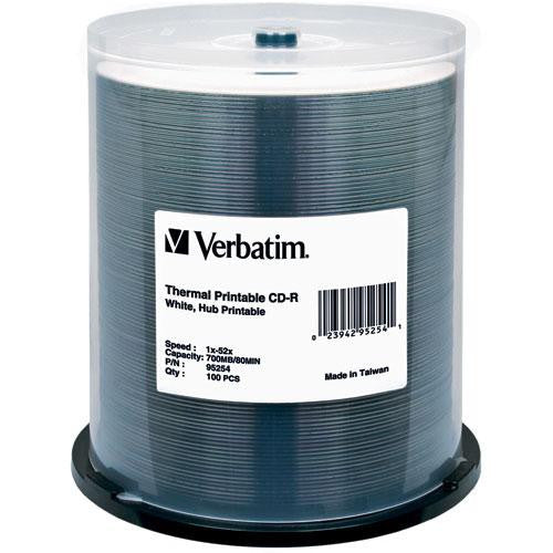 Verbatim CD-R 52x Write-Once White Thermal Printable, Hub Printable Recordable Compact Disc (Spindle Pack of 100)