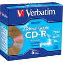 Verbatim CD-R 700MB, 52x, 80 Minute UltraLife Gold Archival Grade, Write-Once, Recordable Disc (Jewel Case Pack of 5)