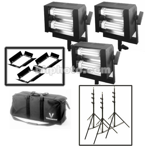 Videssence Baby Base Fluorescent 3 Light Kit - consists of: 3 Baby Base Dimmable Fixtures, Stand Mounts, Barndoors, Light Stands, Tubes, Soft Kit Bag - 252 Total Watts