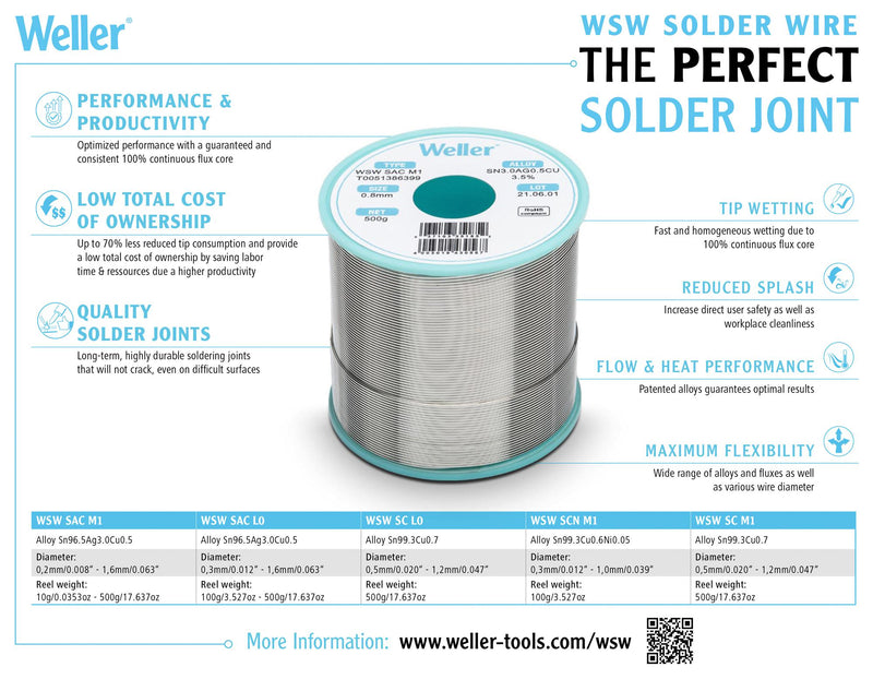 Weller T0051386399 T0051386399 Solder Wire 96.5/3/0.5 0.8mm Diameter 221&deg;C 500g