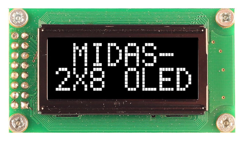 Midas MCOB20805AV-EWS Alphanumeric Oled 8 x 2 White on Black 5V SPI English Euro Japanese 5.56 mm