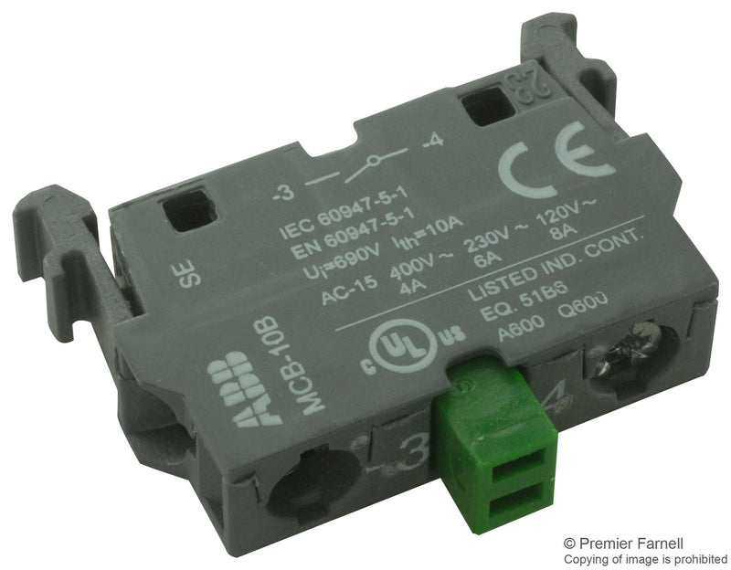 ABB MCB-10B Contact Block, 1NO, 8 A, 240 V, 1 Pole, Screw
