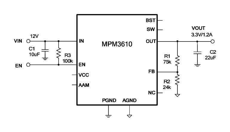 Monolithic Power Systems (MPS) MPM3610GQV-P DC/DC POL Converter Adjustable Sync Buck 2MHz 4.5V to 21V in 0.8V 17.85V/1.2A Out QFN-20