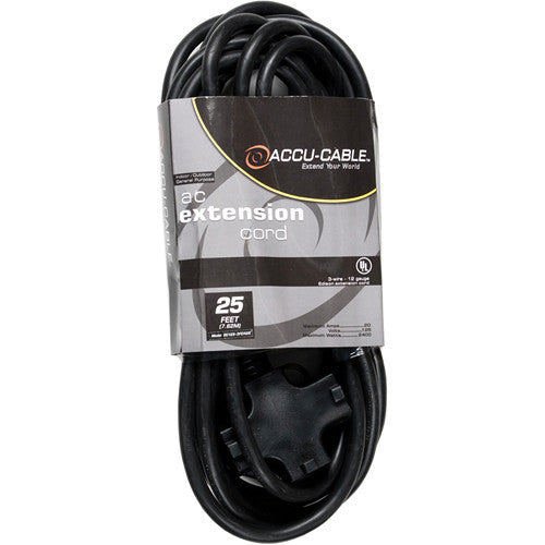 American DJ Accu-Cable 3-Wire 12-Gauge Edison AC Extension Cord with Three Plugs (25', Black)