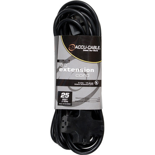 American DJ Accu-Cable 3-Wire 16-Gauge Edison AC Extension Cord with Three Plugs (25')
