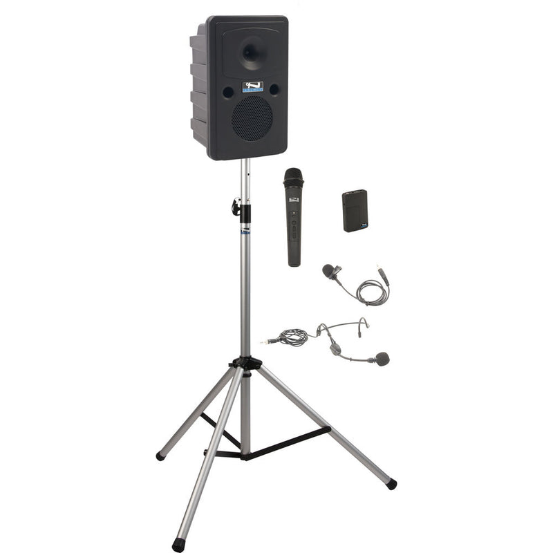 Anchor Audio GG-BP2-HB Go Getter Portable Sound System Basic Package 1 with Bodypack Transmitter & Wireless Handheld Microphone and Speaker Stand (1 x Lavalier Mic, 1 x Headset Mic, 1.9 GHz)