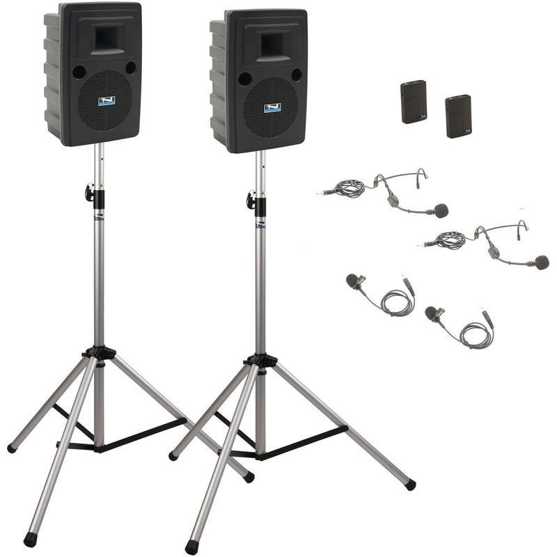 Anchor Audio LIB-DP2-AIR-BB Liberty Deluxe AIR Package 2 Portable Bluetooth PA System with AIR Transmitter, Two Bodypack Transmitters, Wireless Companion Speaker, and Speaker Stands (2 x Lavalier Mics, 2 x Headset Mics, 1.9 GHz)