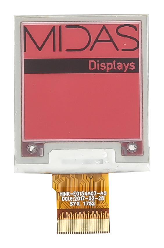 Midas MDE0154A152152RBW Display E-Paper Reflective 1.54" 152x152Pixels Black/Red on White 3.3V SPI 37.32mmx31.8mm