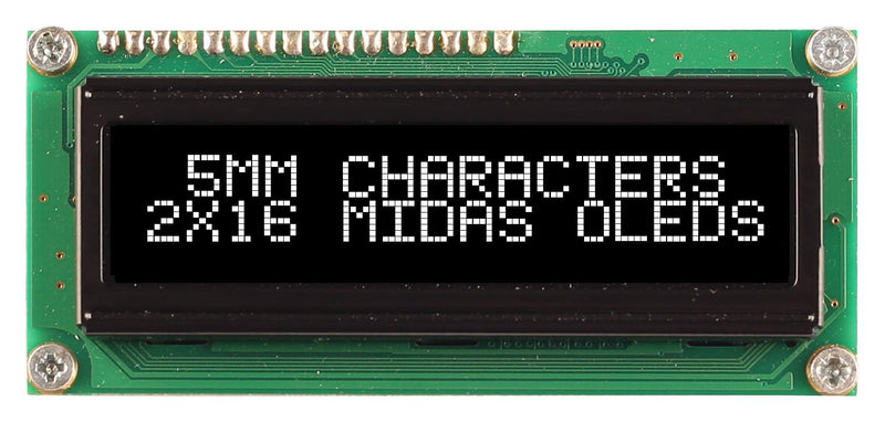 Midas MCOB21605G1V-EWP Alphanumeric Oled 16 x 2 White on Black 5V Parallel English Cyrillic Euro Japanese