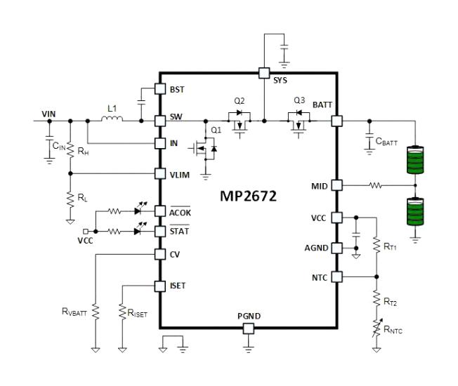 Monolithic Power Systems (MPS) MP2672GD-0000-P MP2672GD-0000-P Battery Charger Dual Cell of Li-Ion Li-Pol 5 V Input 9 V/2 A Charge QFN-18