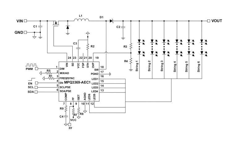 Monolithic Power Systems (MPS) MPQ3369GF-AEC1-P MPQ3369GF-AEC1-P LED Driver 6 Outputs Boost 3.5 V to 36 Input 2.2 MHz 100 mA Output TSSOP-EP-28