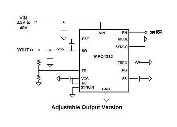 Monolithic Power Systems (MPS) MPQ4313GRE-AEC1-P DC-DC Switching Synchronous Buck Regulator Adjustable 3.3 V to 45 in 3 A out QFN-20
