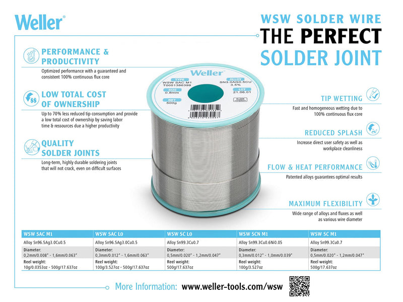 Weller T0051386570 T0051386570 Solder Wire No Clean Lead Free 96.5 3 0.5 Sn Ag Cu 10G 221 &Acirc;&deg;C WSW Series 0.2 mm OD New