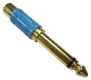 PRO Signal PS000034 Audio Adapter Brass Blue Finish Mono Plug - 6.35mm RCA / Phono Receptacle