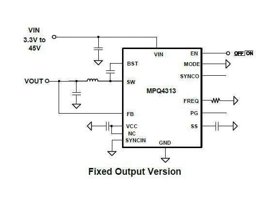 Monolithic Power Systems (MPS) MPQ4313GRE-AEC1-P DC-DC Switching Synchronous Buck Regulator Adjustable 3.3 V to 45 in 3 A out QFN-20