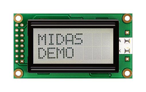 Midas MC20805A6W-FPTLWI-V2 MC20805A6W-FPTLWI-V2 Alphanumeric LCD 8 x 2 Black on White 5V I2C English Japanese Transflective