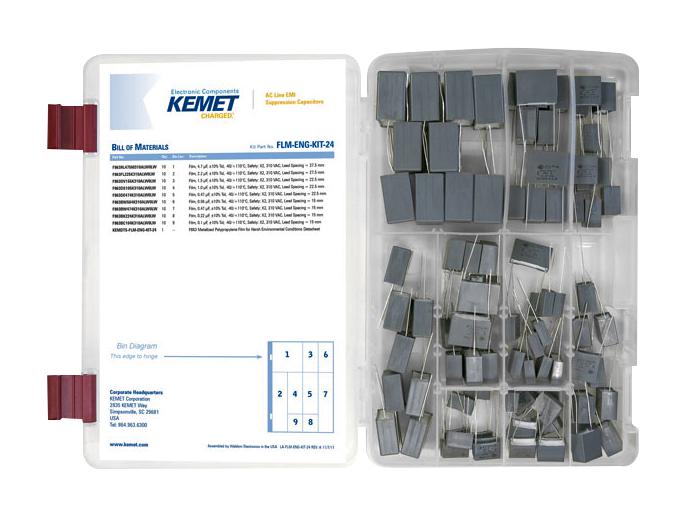 Kemet FLM ENG KIT 24 Capacitor Kit Film F863 Series Class X2 0.1uF to 4.7uF 90 Piece