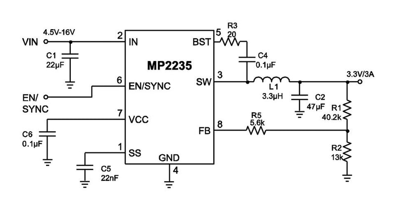 Monolithic Power Systems (MPS) MP2235SGJ-P DC-DC Switching Synchronous Buck Regulator 4.5V-16V in 804mV to 14.72V out 3A 800kHz TSOT-23-8 New