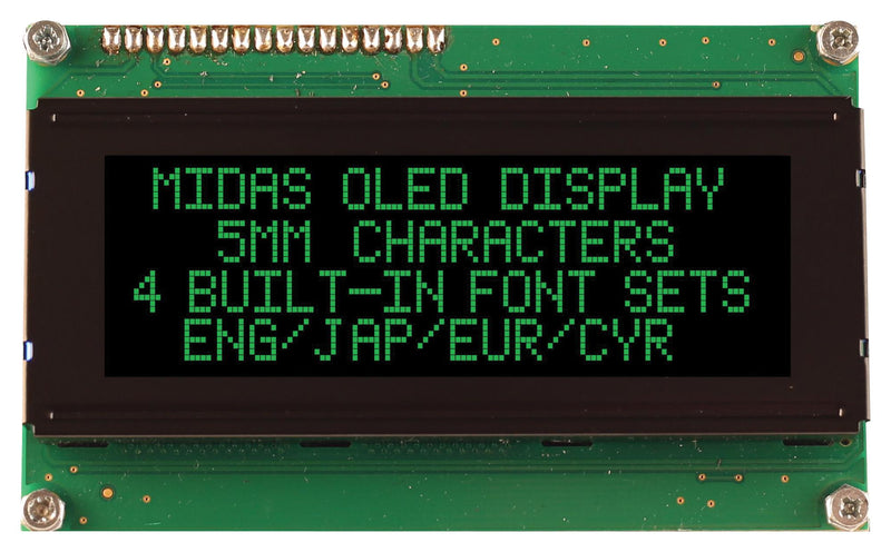 Midas MCOB42005A1V-EGP Alphanumeric Oled 20 x 4 Green on Black 3V to 5V Parallel English Cyrillic Euro Japanese