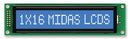 MIDAS MC11615A6W-BNMLW-V2 Alphanumeric LCD, 16 x 1, White on Blue, 5V, English, Japanese, Transmissive
