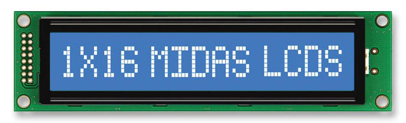 MIDAS MC11615A6W-BNMLW-V2 Alphanumeric LCD, 16 x 1, White on Blue, 5V, English, Japanese, Transmissive