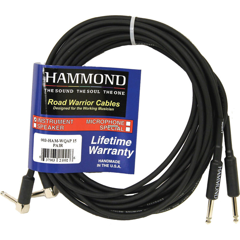 Hammond WOAP-25 Dual Straight 1/4" TS to Dual Right Angle 1/4" TS Instrument Cable (25')