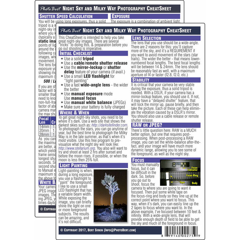 PhotoBert Night Sky And Milky Way Photography Cheatsheet