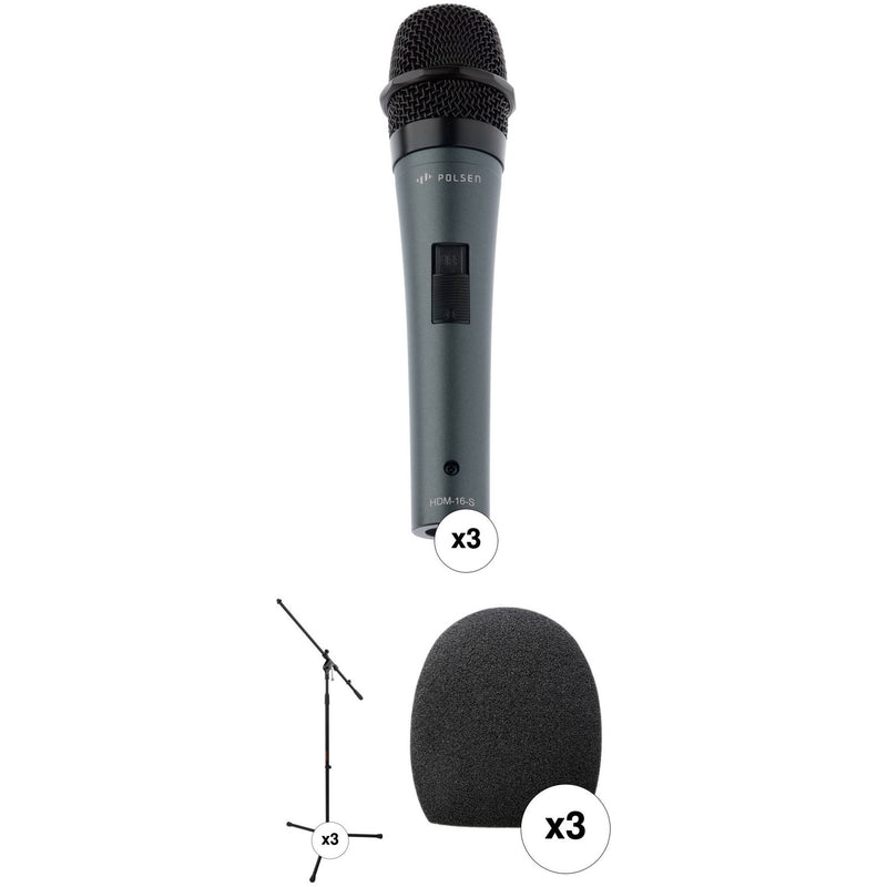 Polsen HDM-16-S Handheld Dynamic Mics with Stands and Windscreens Kit (Set of 3)